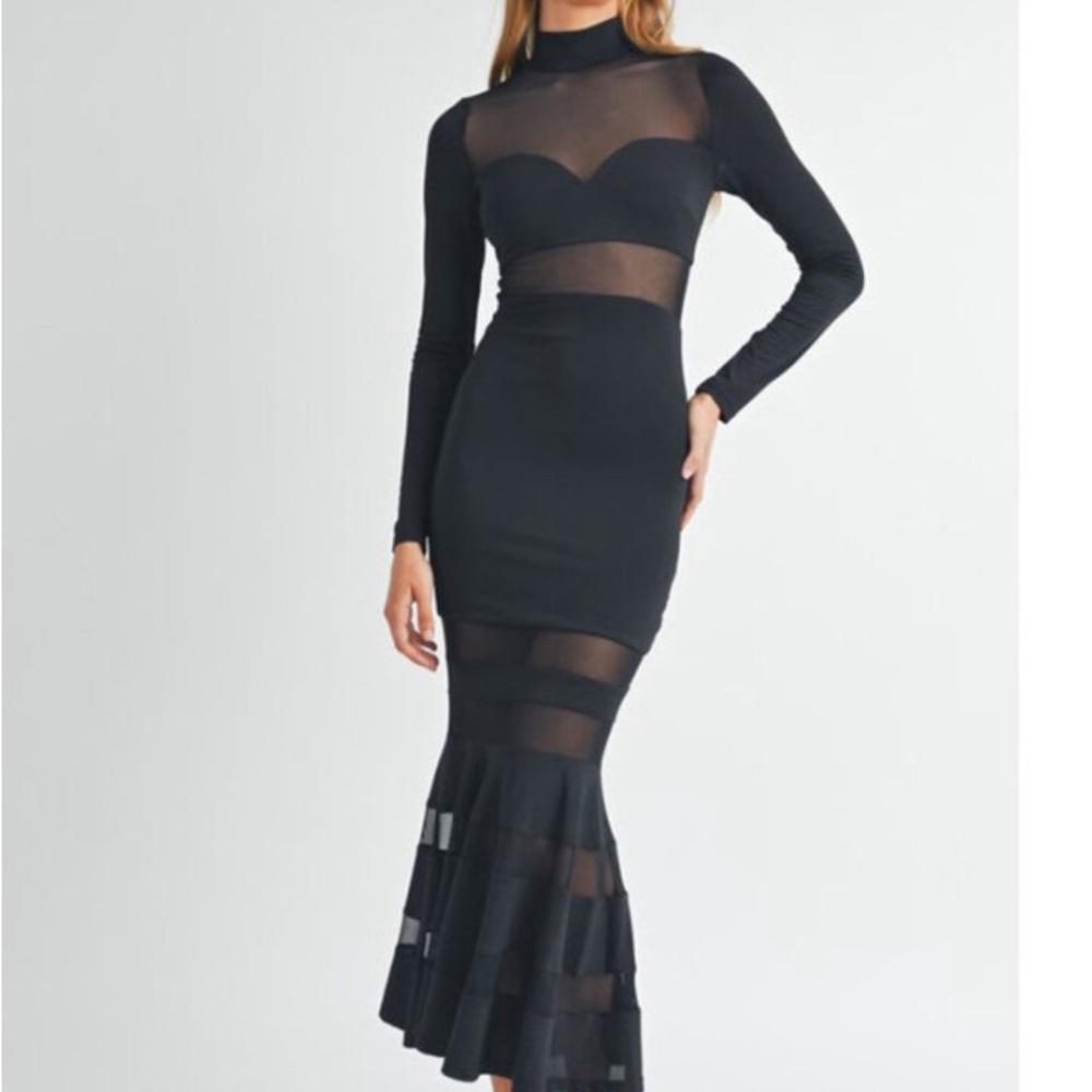 MARBLE Black Mesh Panel Mermaid Cocktail Maxi Dress Small